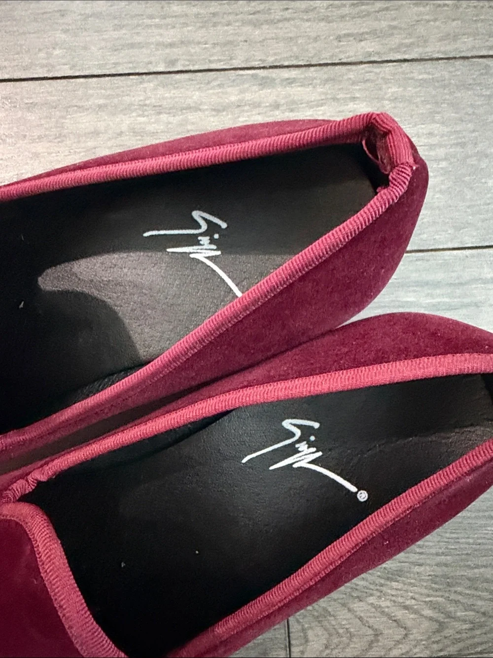 Giuseppe Zanotti Men's Burgundy Velvet Slip-On Loafers with Gold Hardware